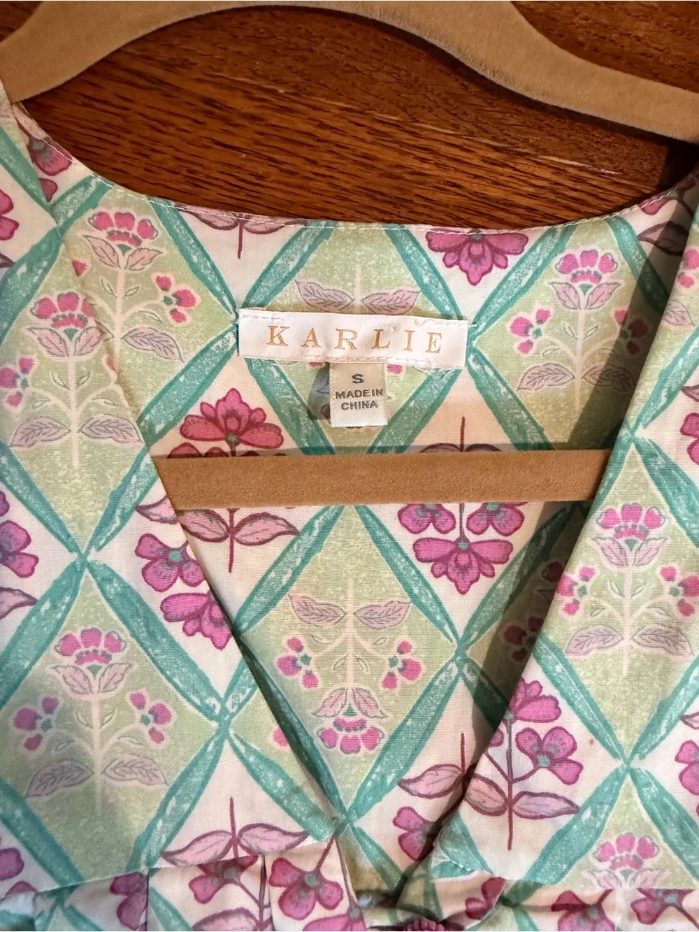 Karlie Paris print Mint & Pink Diamond-Print Puff-Sleeve Tunic Dress